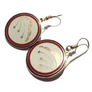 Vintage Pizazz Cloisonné Circle Drop Earrings Cream Gold Red Black